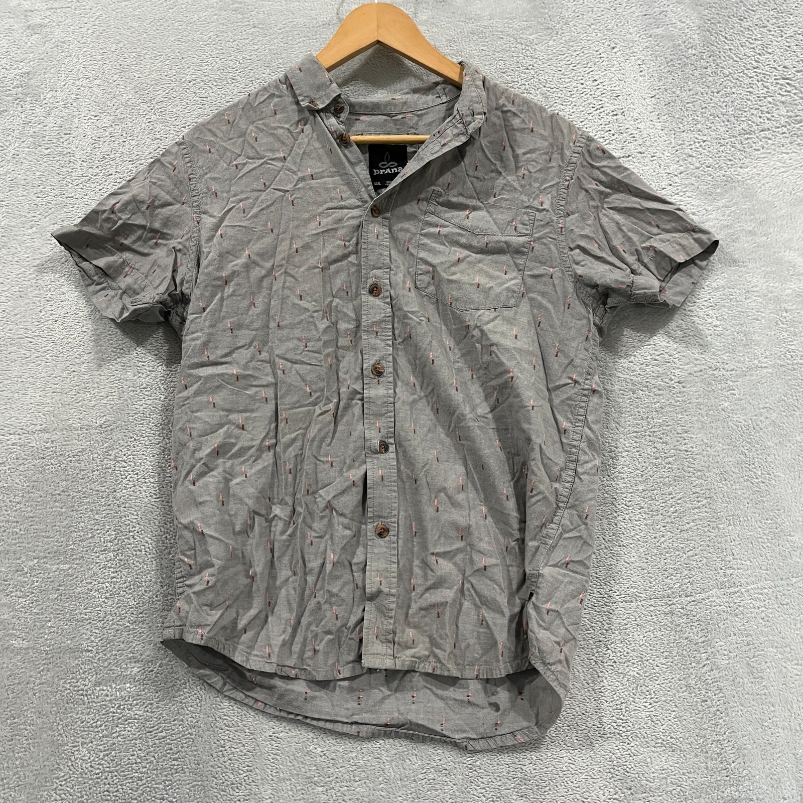 Prana Short Sleeve Button Front Shirt Men's Small Gray Preppy Organic Cotton